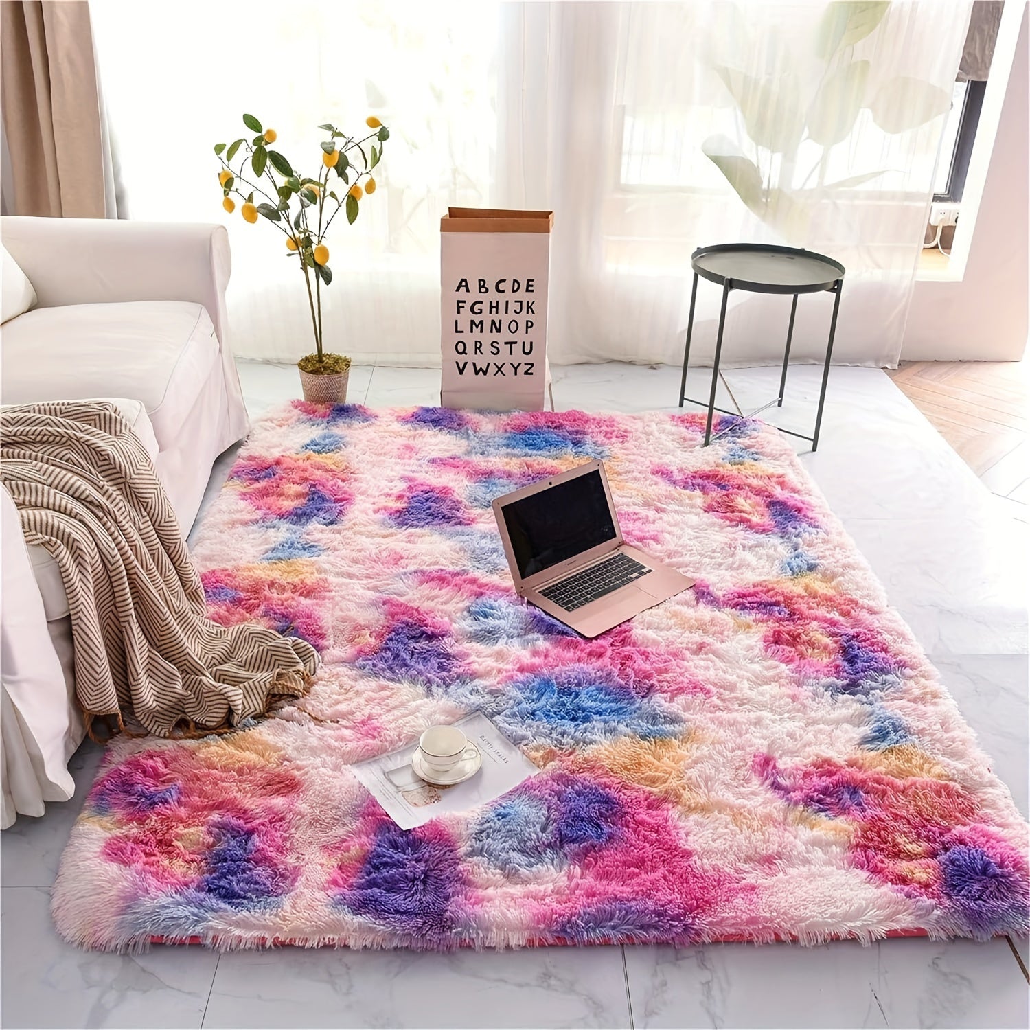 Soft Shaggy Tie-Dye Area Rug, Indoor, 70x70cm, Machine Washable