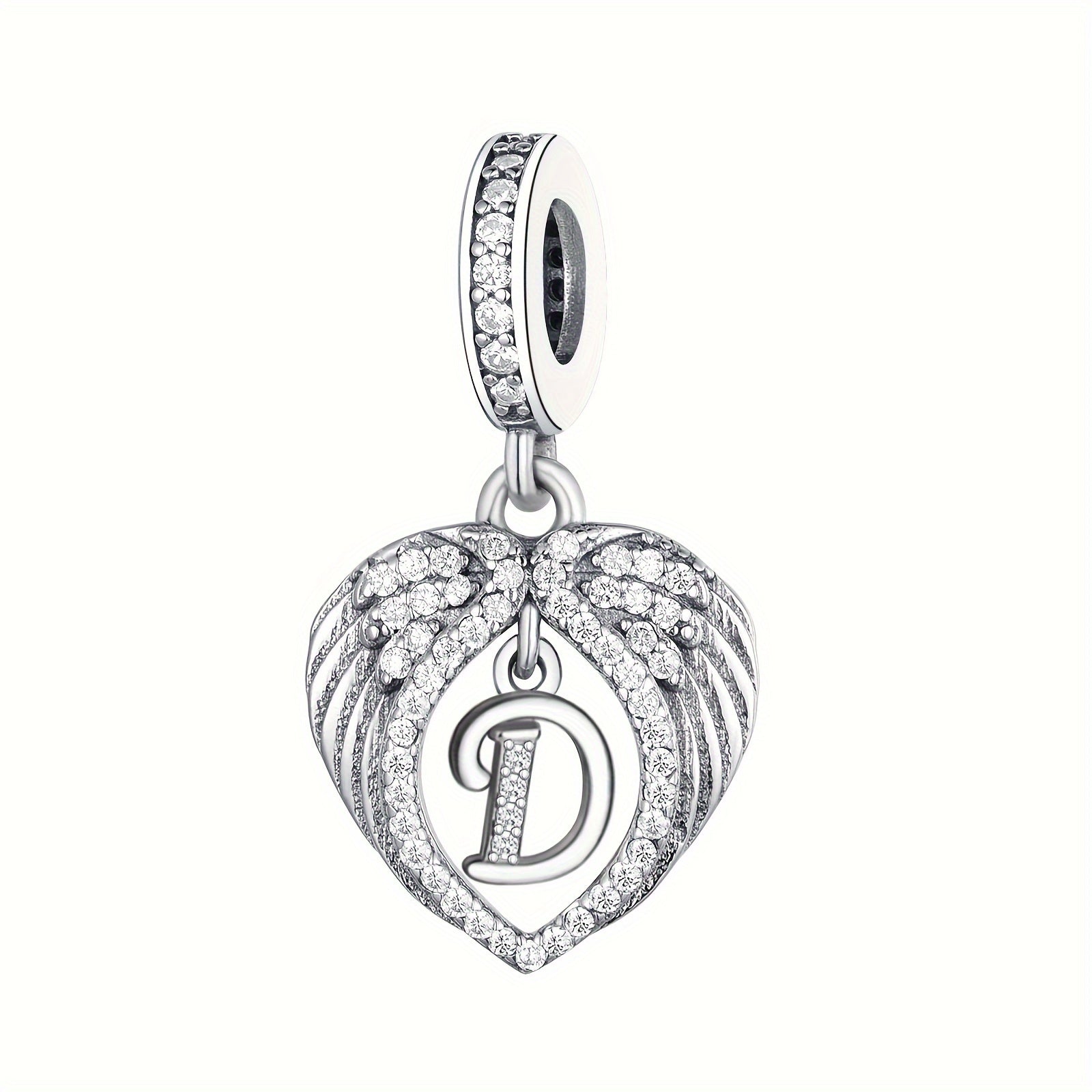 Sterling Silver Heart-Shaped Wing Pendant with Zircon Letter for DIY Jewelry