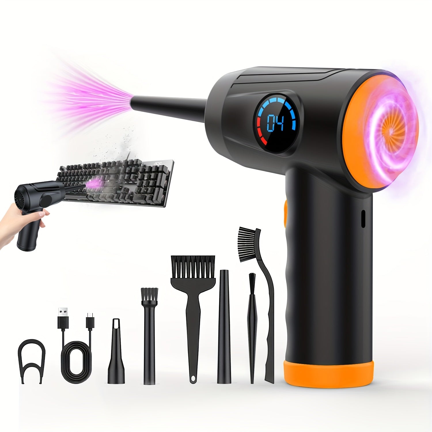 Cordless Electric Air Duster 4 Speeds Rechargeable 6000mAh Fast Charge LCD Display LED Light