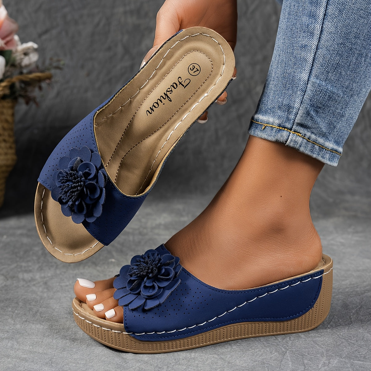 Women's White Floral Platform Wedge Slip-On Sandals for Weddings and Parties