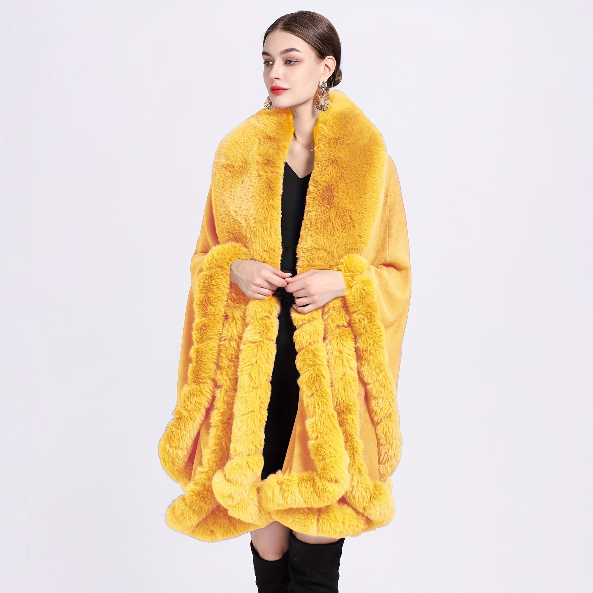 Women’s Warm Oversized Faux Fur Collar Cardigan Cape Autumn Winter Windproof Shawl