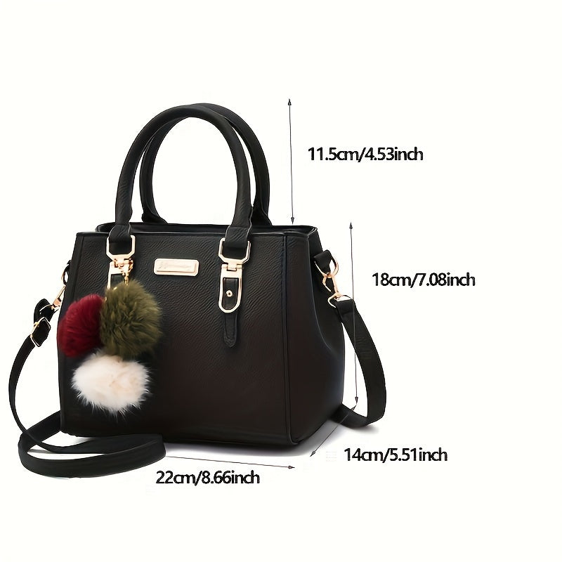 Black PU Handbag with Gold Hardware and Ball Charm for Women Crossbody Shoulder Bag for Travel Casual Use