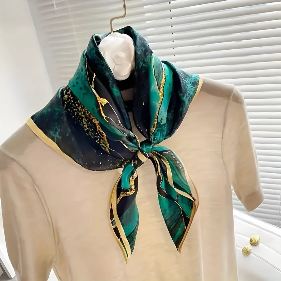 Women’s Green Print Square Scarf Made of Simulated Silk 69.85cm Breathable Neck Wrap