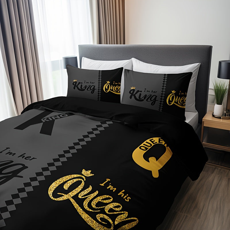 Black and Grey Duvet Cover Set with Crown Lettering Design Includes 1 Duvet Cover and 2 Pillowcases
