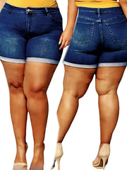 Women Plus Size Denim Shorts High Waist Woven Bermuda Solid Color