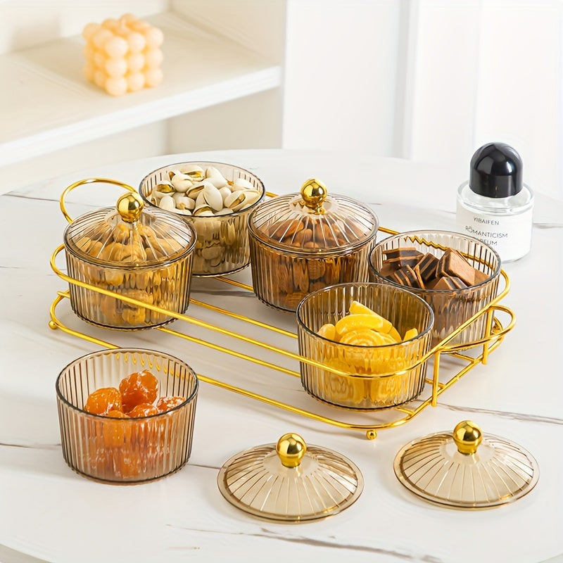 Elegant Plastic Snack Serving Set with Lids on Gold Tray for Dried Fruits and Candies
