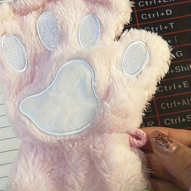 Women's Cozy Cat Claw Plush Half-Finger Gloves Warm Autumn Winter Fashion