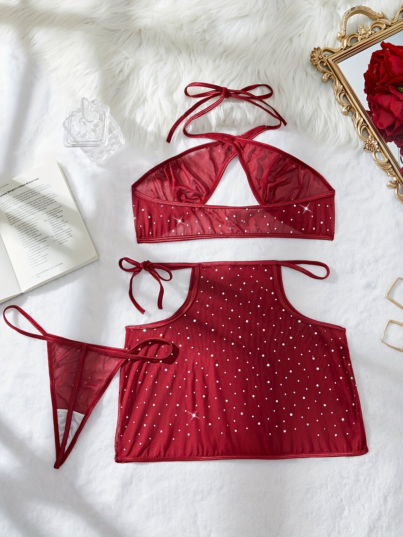 Red Lace Lingerie Set with Sparkling Details for Women