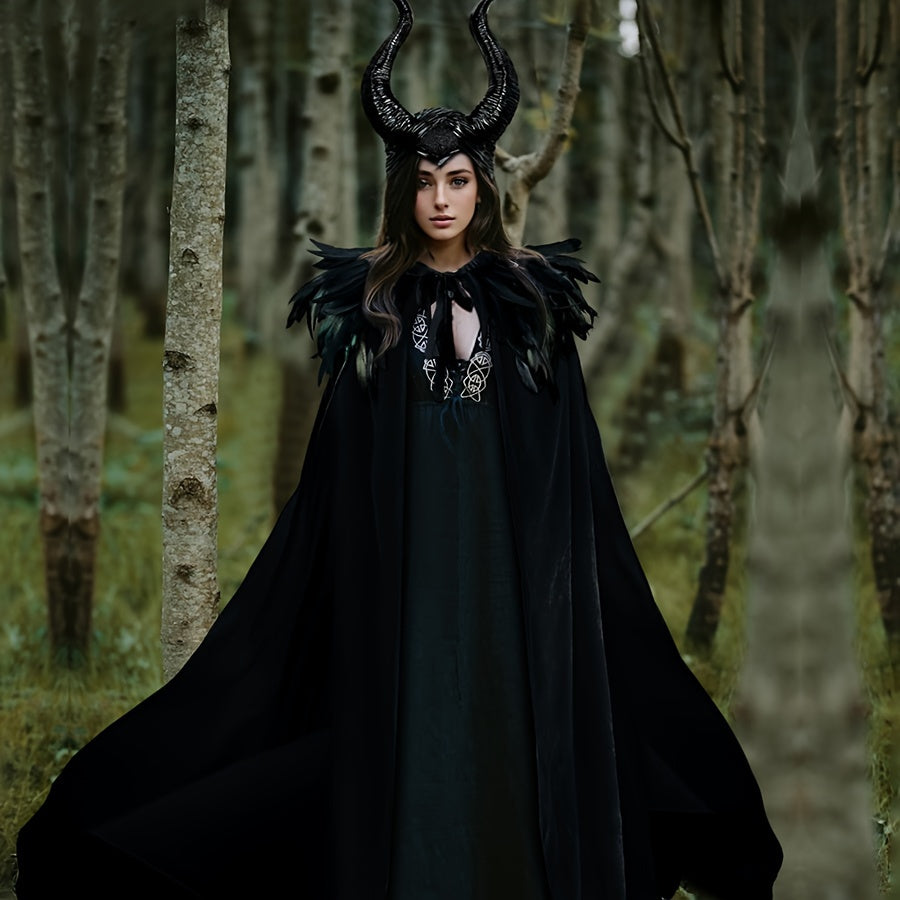 Halloween Costume Set for Women Gothic Witch with Velvet Cape Faux Feather Shawl and Maleficent Horns