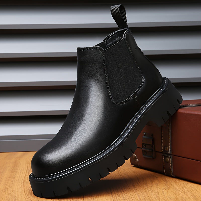 Botines de invierno para hombre con forro de felpa y slip-on, con punta redonda y suela de goma, negro sintético