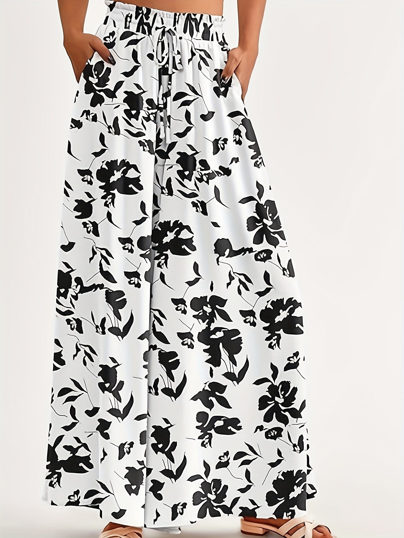 Plus-Size Women's Floral Print Pleated High-Waisted Wide-Leg Casual Beach Trousers