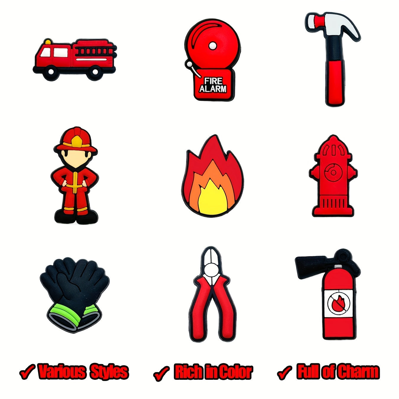 12pcs Firefighter PVC Shoe Charms Kids Colorful Fire Helmet Jacket Backpack