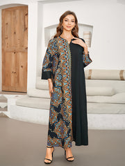Black and Blue Floral Paisley Maxi Kaftan Dress for Women Polyester Spring Summer Fall
