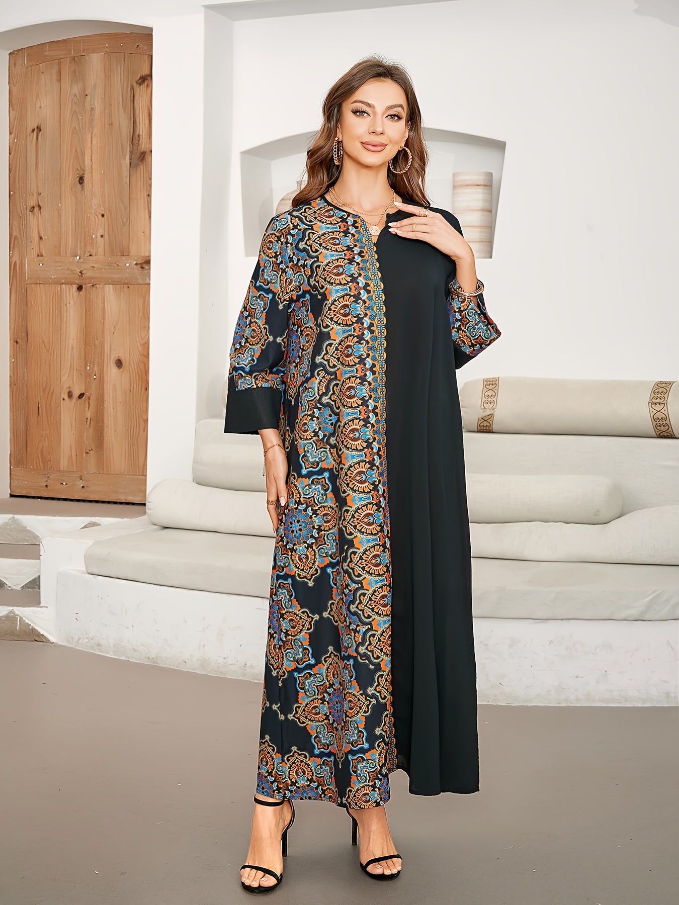 Black and Blue Floral Paisley Maxi Kaftan Dress for Women Polyester Spring Summer Fall