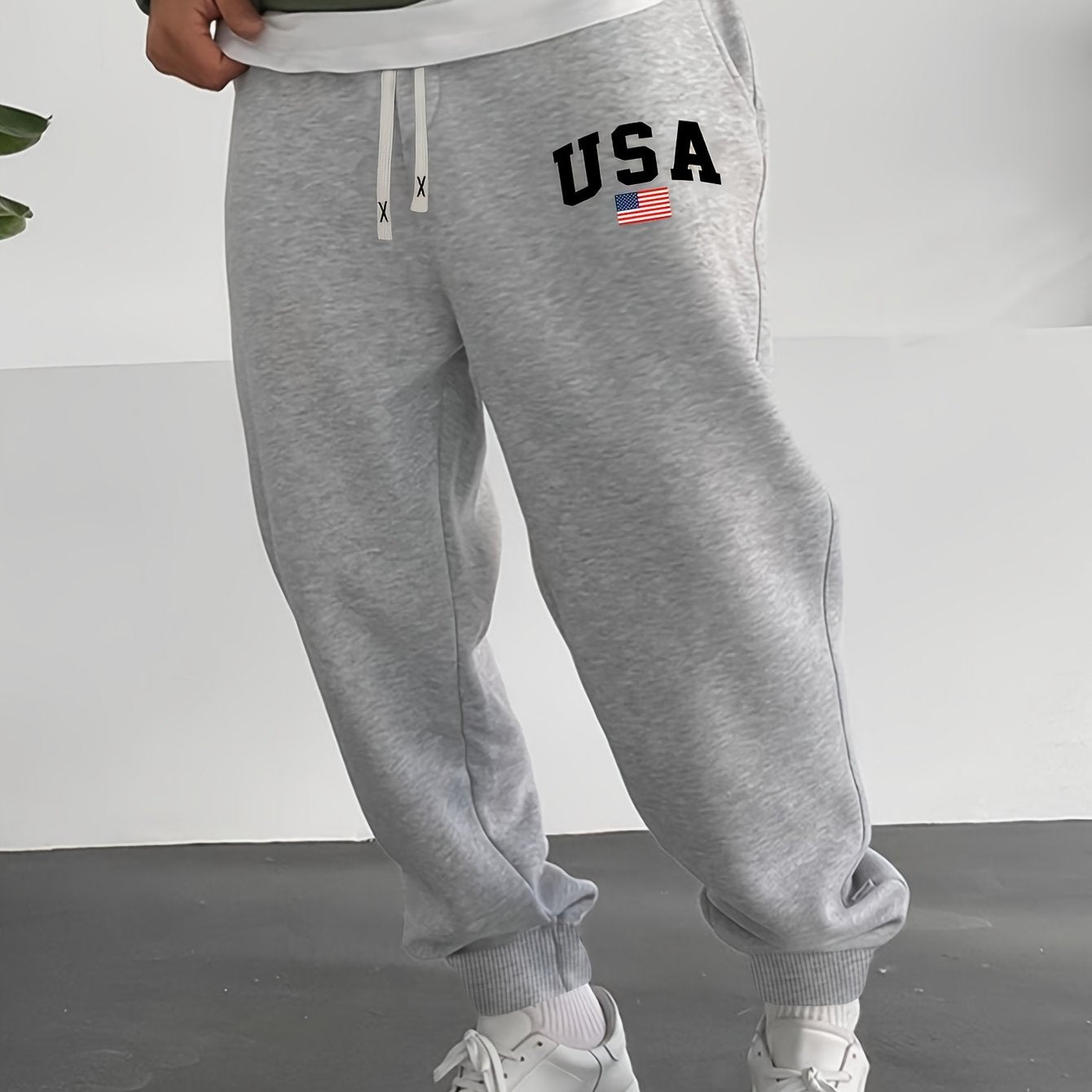 Men's Casual Knit Sweatpants with USA Flag Print Elastic Waist Drawstring for Outdoor Activities