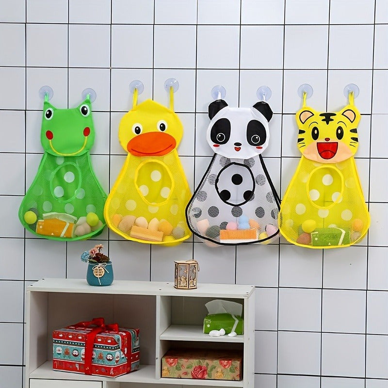 Frog and Duck Hanging Bathroom Storage Bag with Suction Cups Green Yellow Mesh