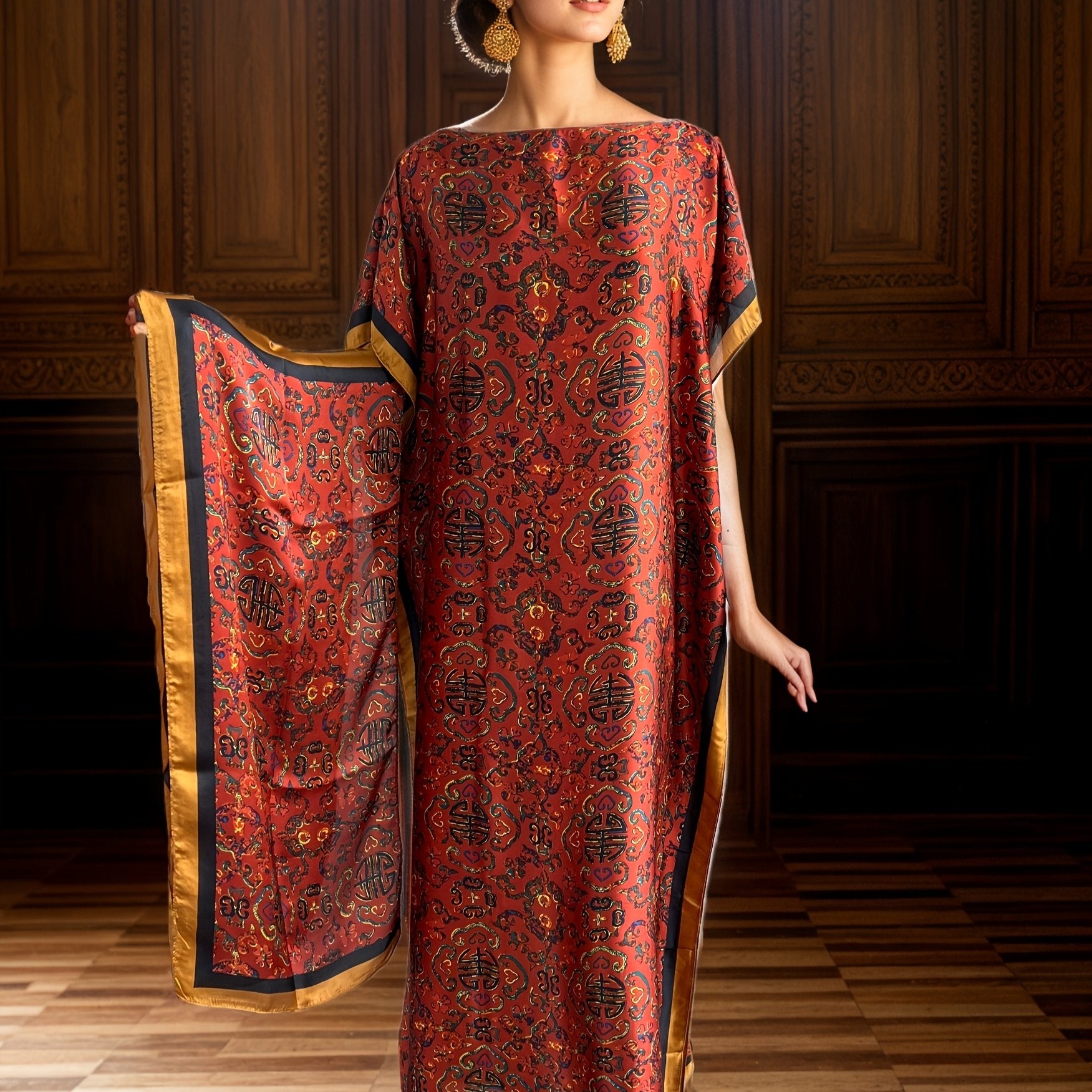 Платье большого размера для женщин с цветочным принтом и шарфом, бордовый с золотым, этнический стиль