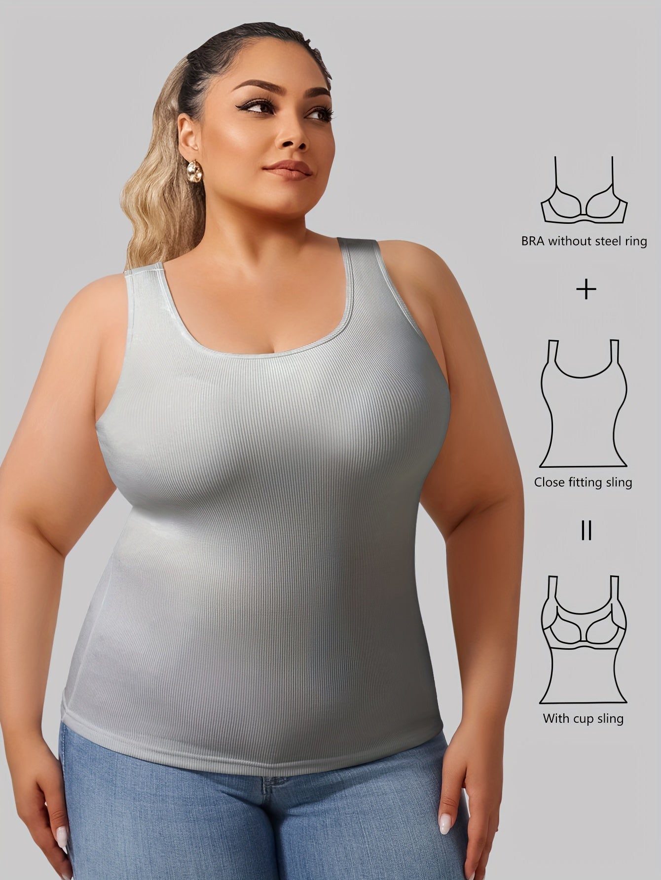 Plus Size Women's Ribbed Sleeveless Tank Top with Built-in Bra Yoga Vest