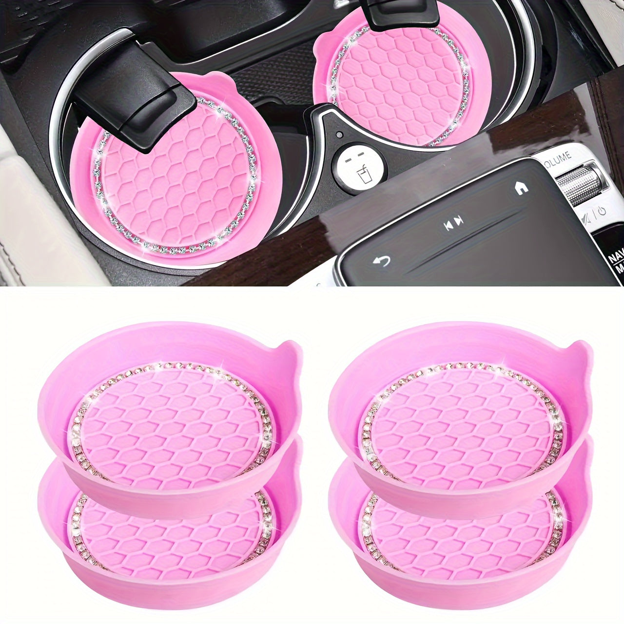 2PCS Silicone Car Cup Coasters Non-Slip Rhinestone Interior Accessories