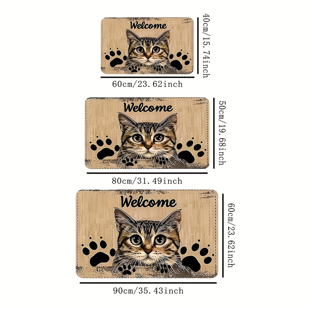 Charming Cat Welcome Mat Bardoshli Polyester Rug Slipperga qarshi Oson tozalash uchun yashash xonasi