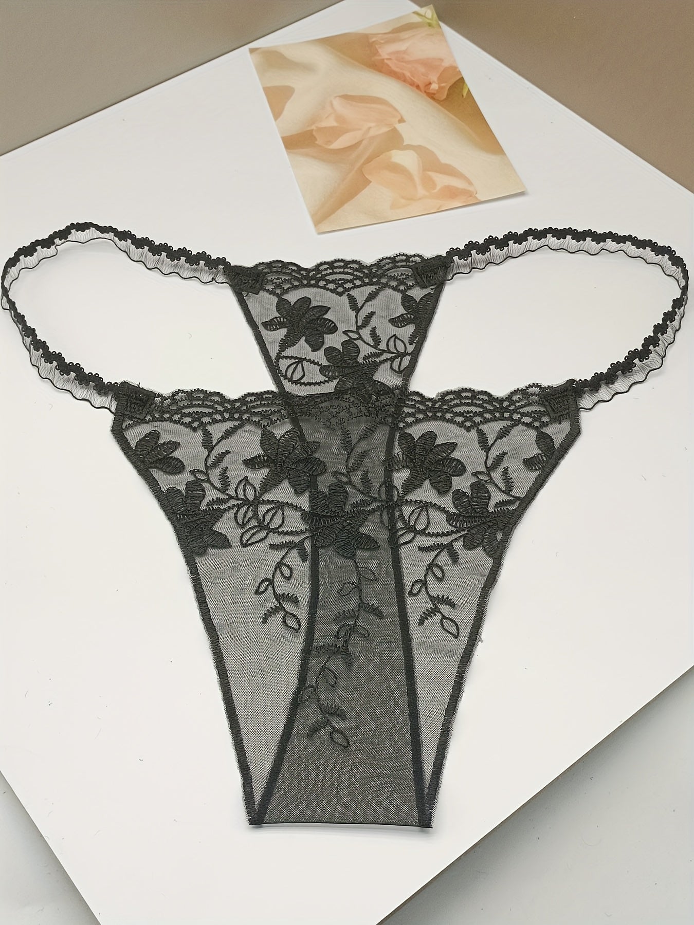 Pink Lace Thong with Floral Embroidery and Red Bow for Women