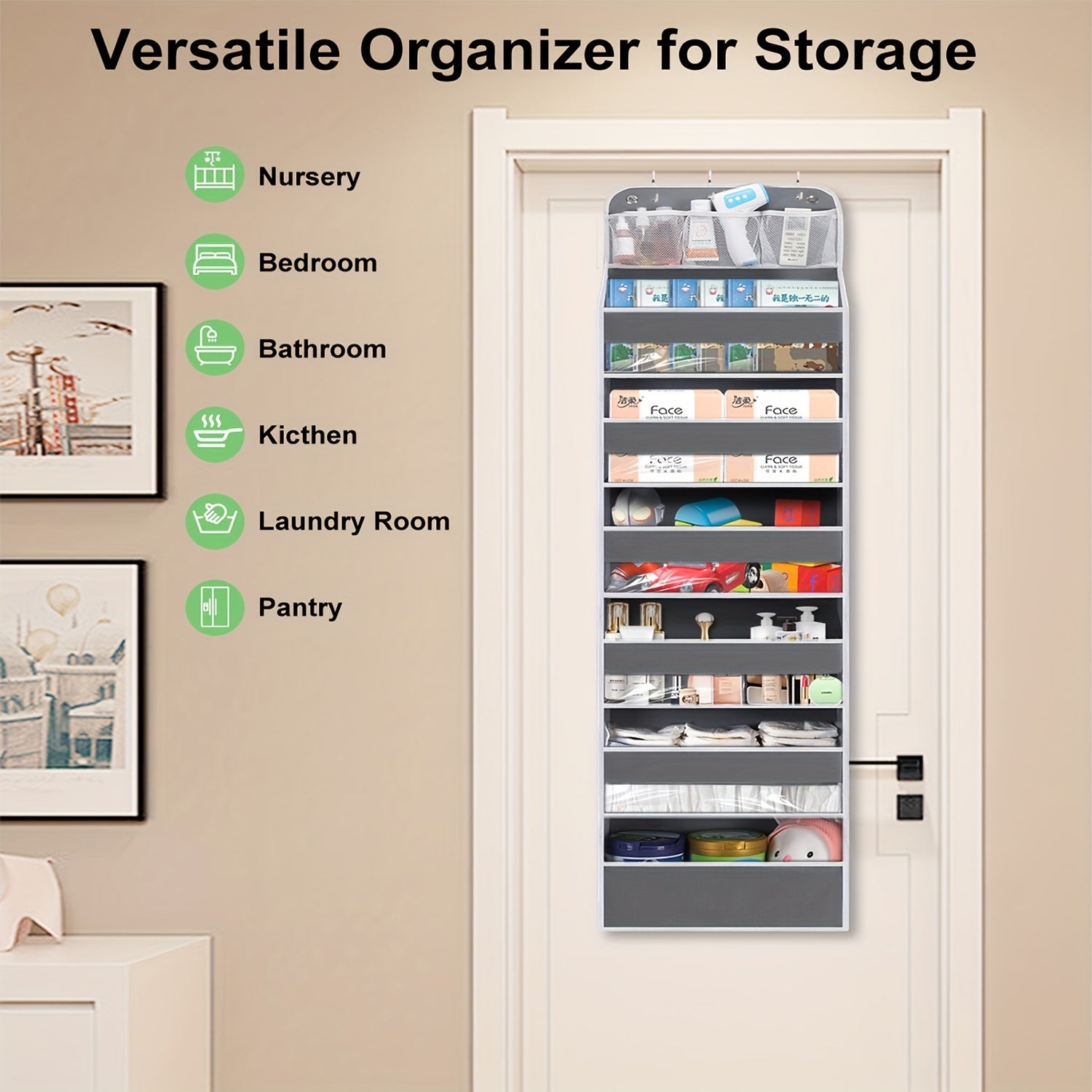 Over-the-Door Organizer with 7 Large Pockets and Clear Window for Bedroom Bathroom Storage