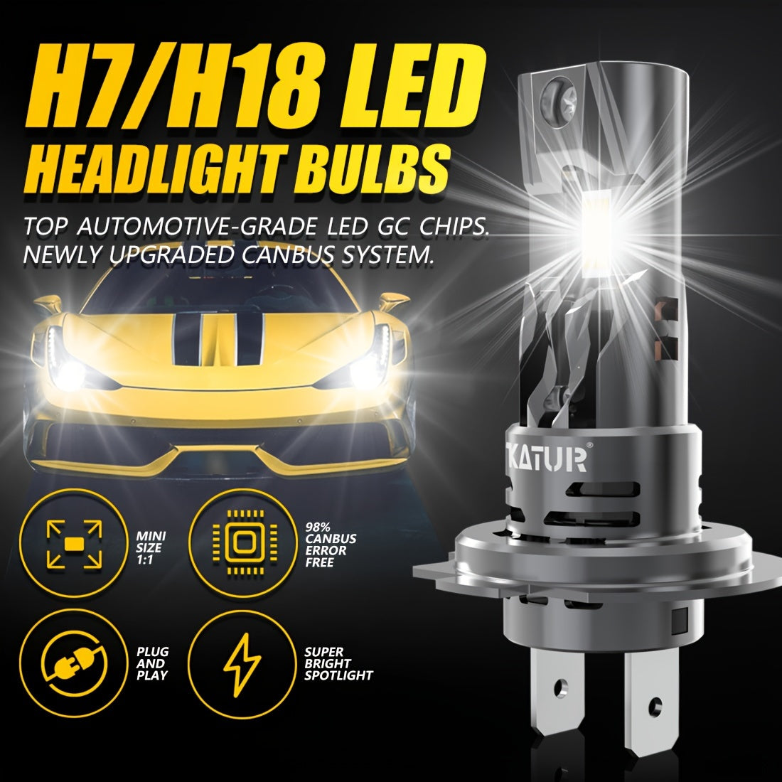 2 Pack H7 LED Car Headlight Bulbs Aluminum Bright Plug and Play