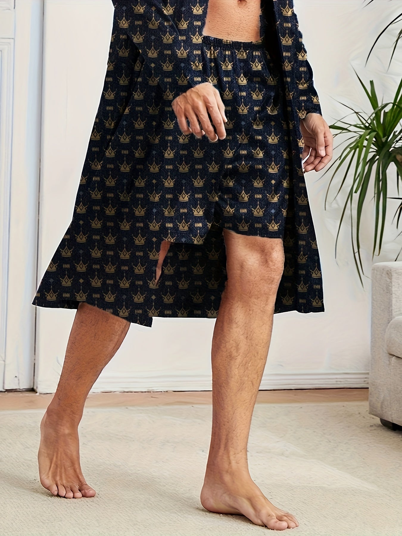 Мужской домашний комплект: длинный рукав, халат и шорты, узор корон, полиэстер, повседневный