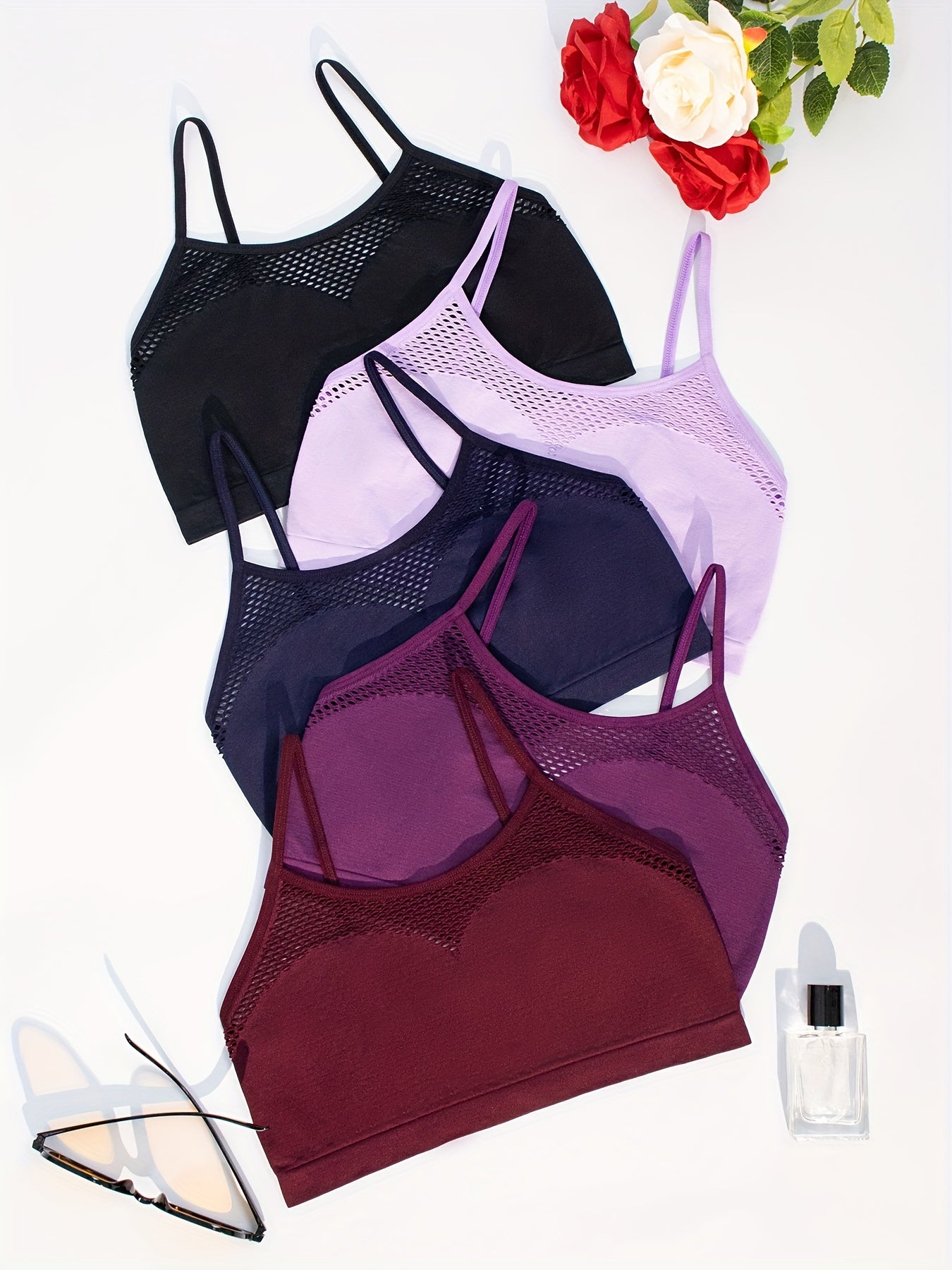 5-Pack сексуальных бюстгальтеров с вырезами, изготовленных из высокоподдерживающей трикотажной ткани (92% полиамид, 8% эластан), с дышащим бесшовным дизайном в стиле рыболовной сети без подкладки и проволок. Идеально подходит для женщин.