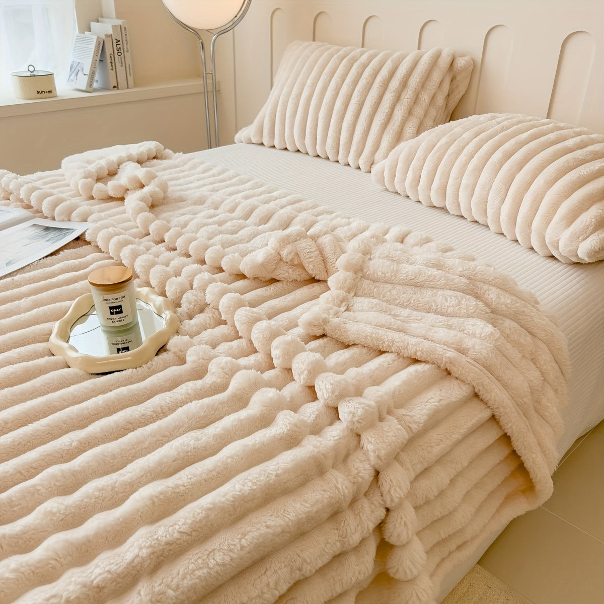 Striped Plush Throw Blanket for Couch Bed All-Season Warmth