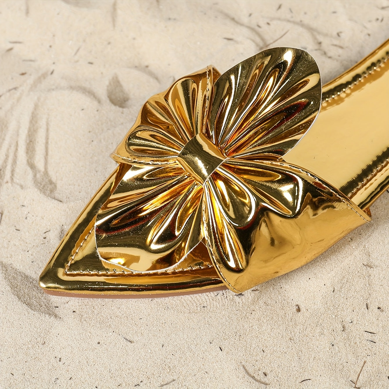 Women Metallic Slip-On Mules with Floral Bow Pointed Toe Flats