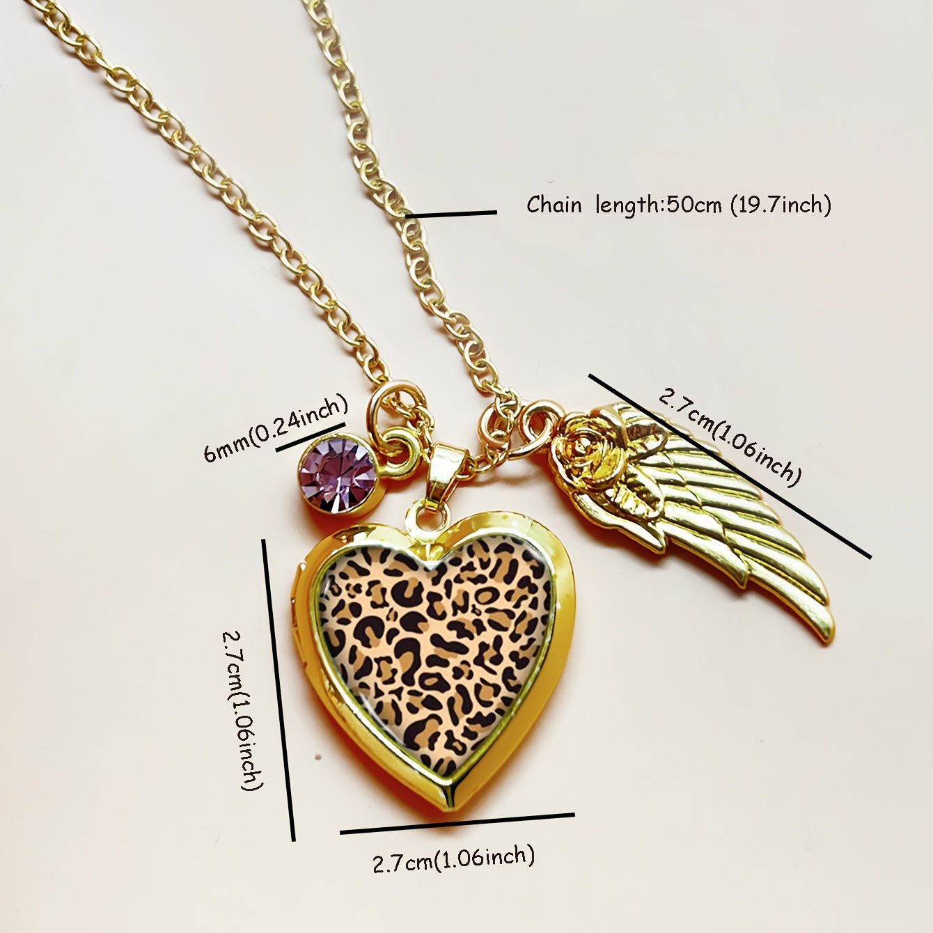 Heart-Shaped Photo Locket Necklace with Leopard Print December Birthstone Rhinestones Copper Gold