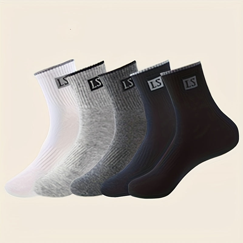 Men's Solid Crew Socks 5 Pairs Breathable Knit Polyester for Outdoor Wear