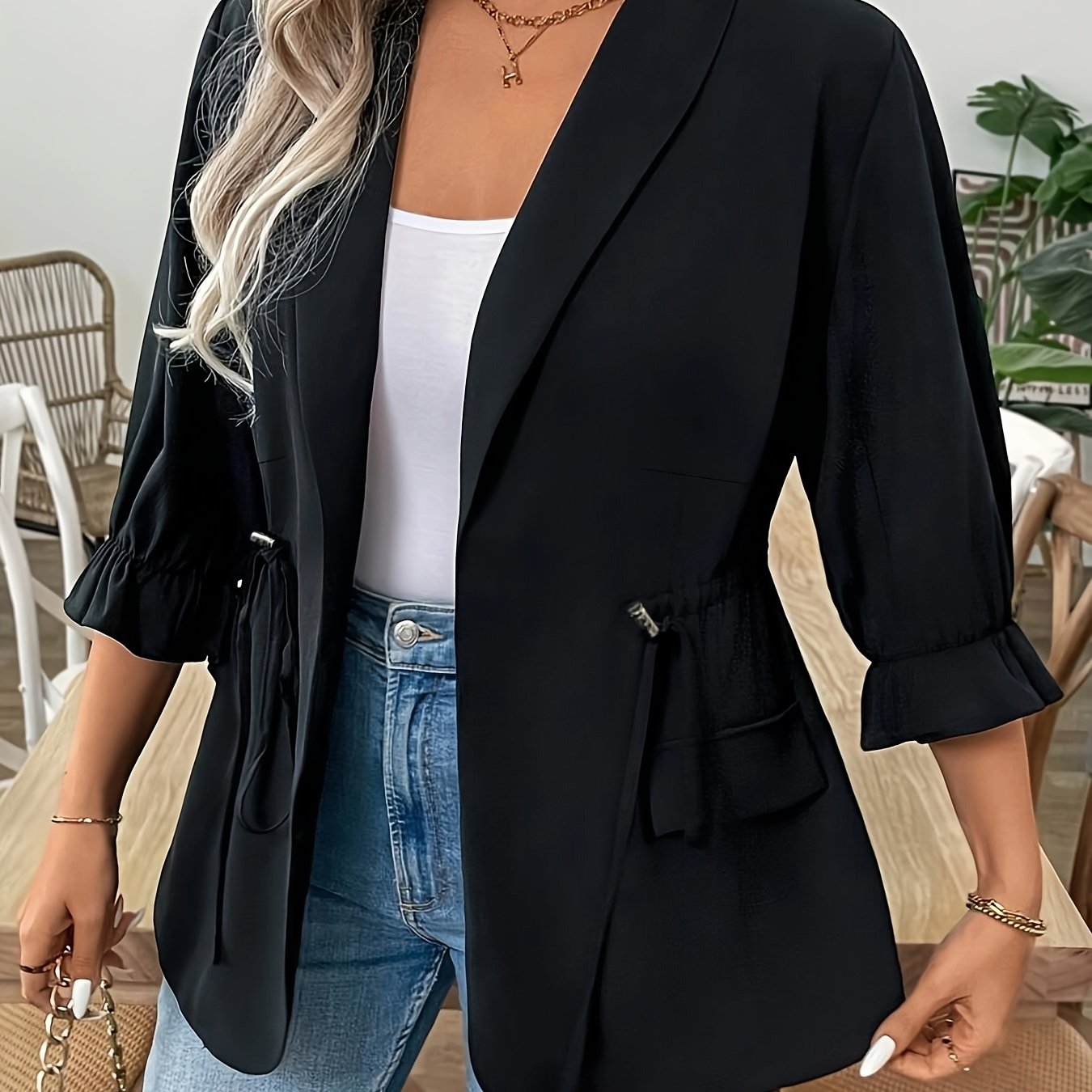 Women's Plus Size Slim Fit Blazer with Pockets Black All-Season Outerwear