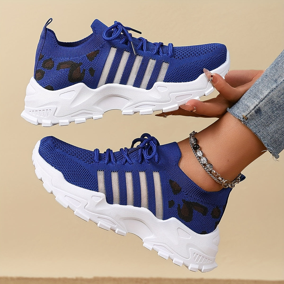Women's Leopard Print Sneakers Breathable Mesh Low-Top Running Shoes