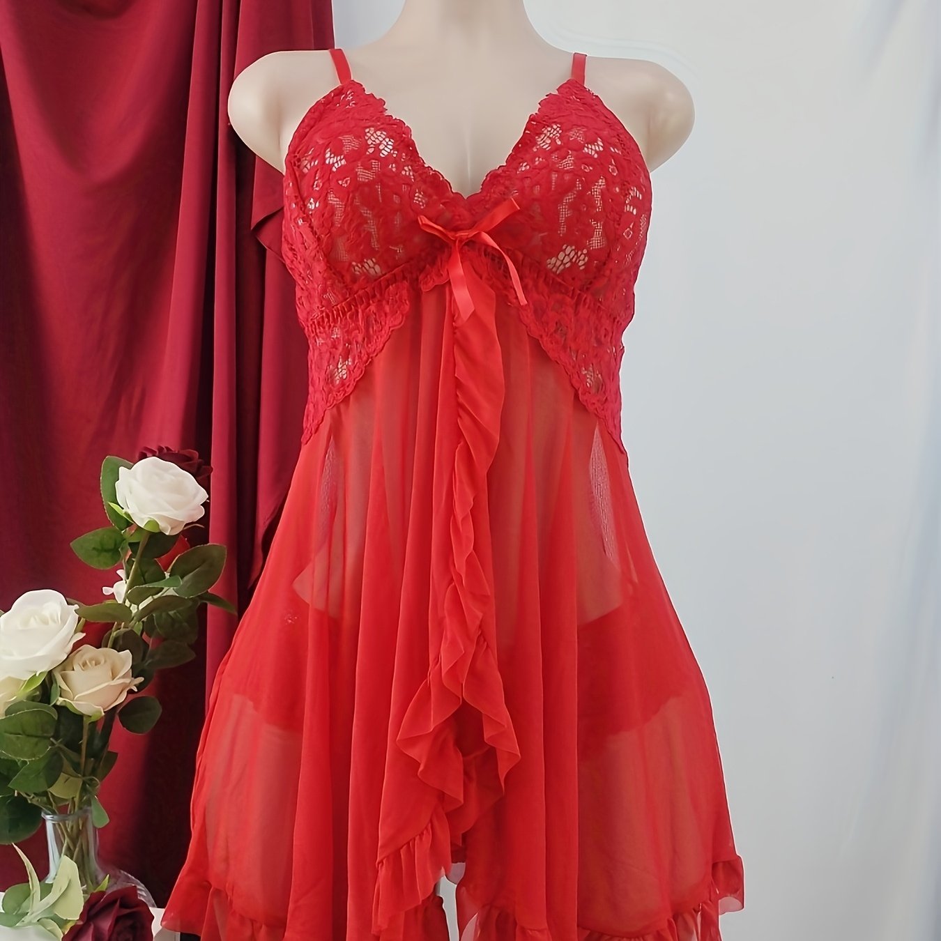 Red Lace Pajama Set for Women Strapless Top Ruffled Hem Romantic Nightwear