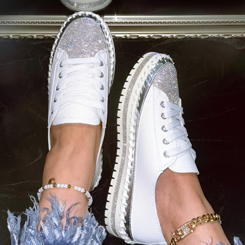 Women's Rhinestone Sneakers Platform Casual Shoes White Lace-Up Flats Plus Size