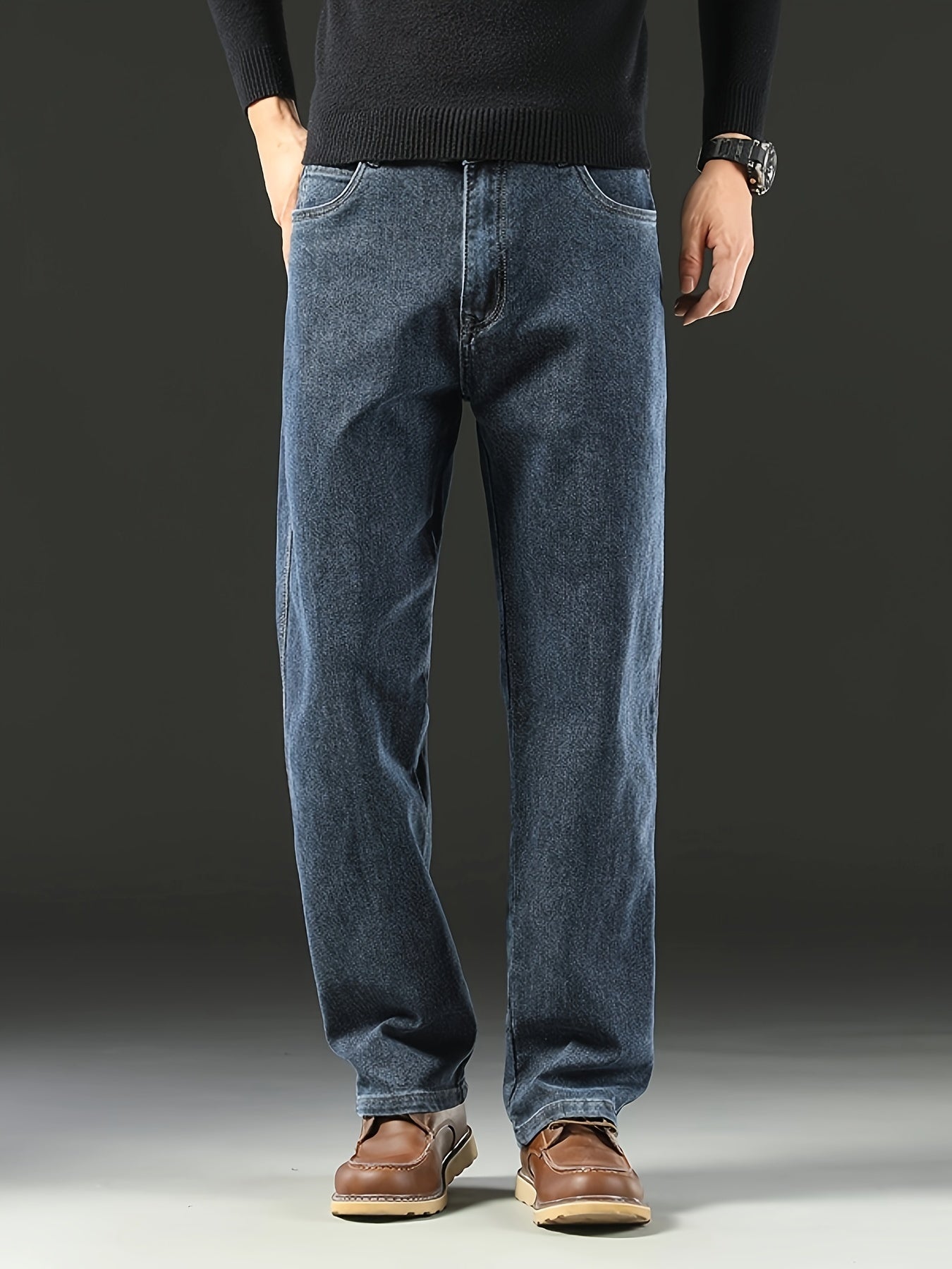 Jeans de mezclilla de corte regular para hombre, de temporada, de algodón y poliéster, color sólido, con pierna recta, pantalones casuales