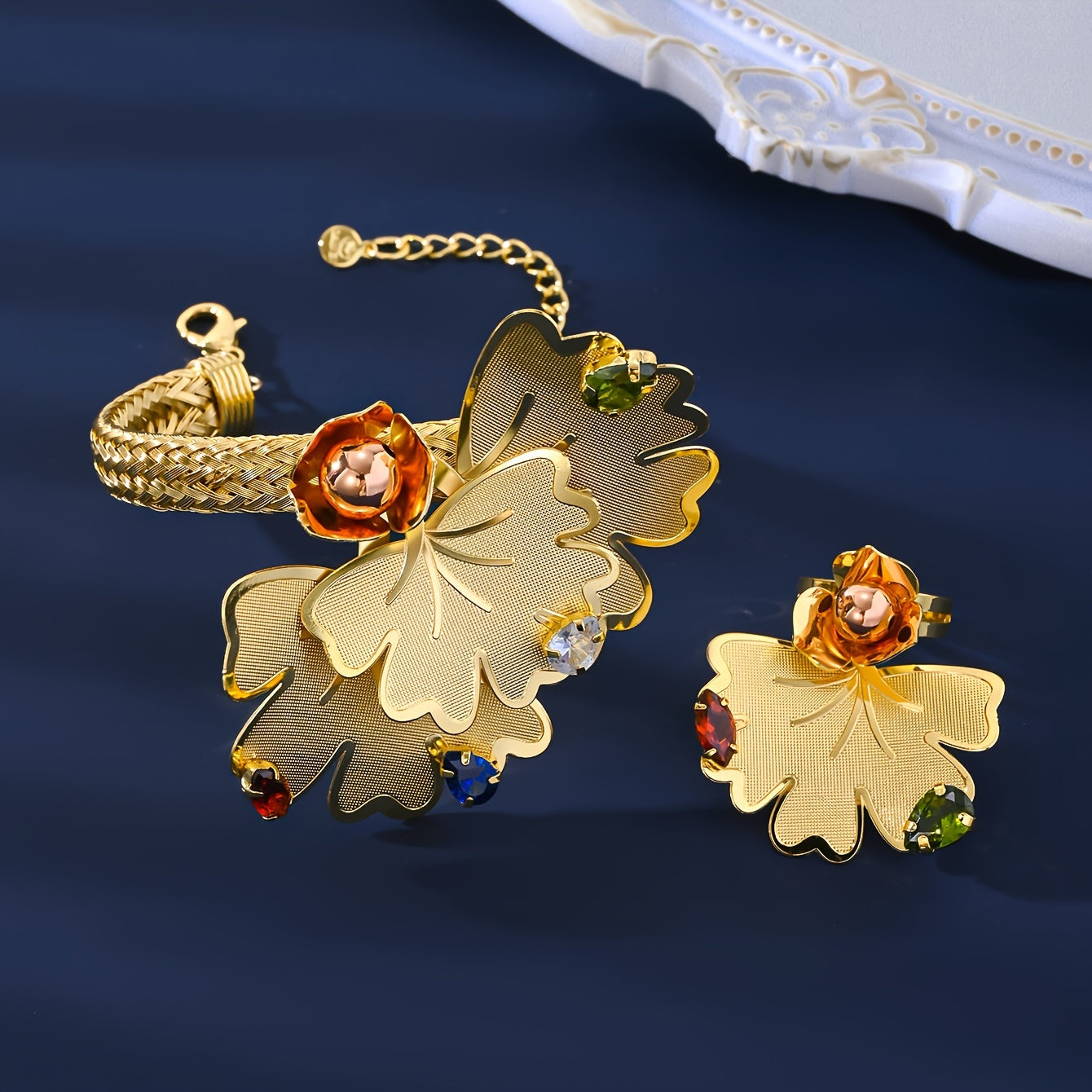 Vintage Arabian Style 18K Gold-Plated Copper Jewelry Set for Women Necklace Bracelet Ring Earrings