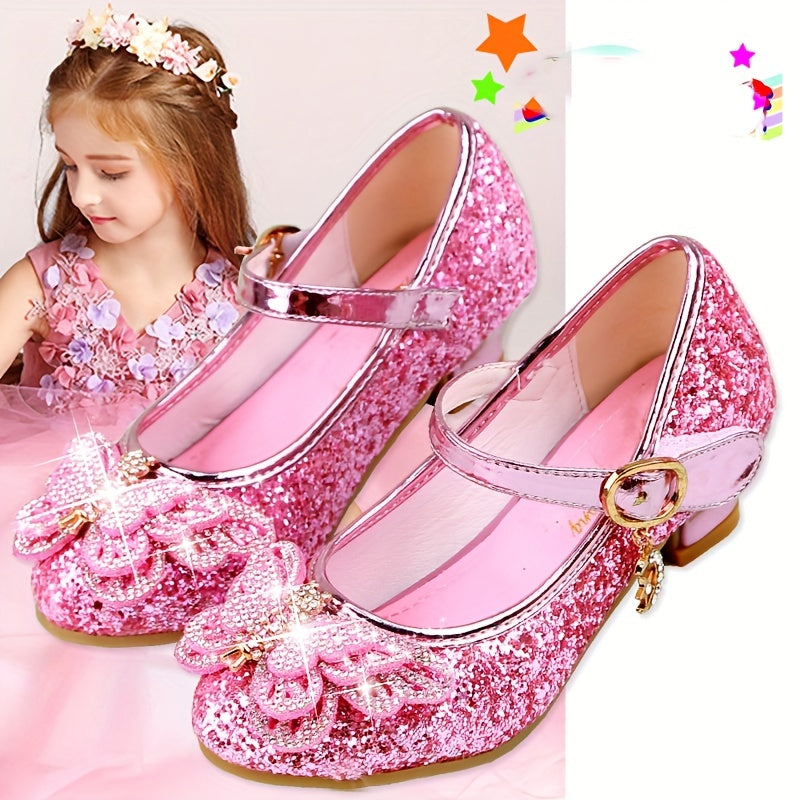 Girls High Heels Pink Rhinestone Bowknot Formal Shoes for Weddings and Events