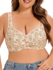 Sujetador inalámbrico de talla grande con cierre frontal y estampado floral, sin acolchado, tela de punto de poliéster