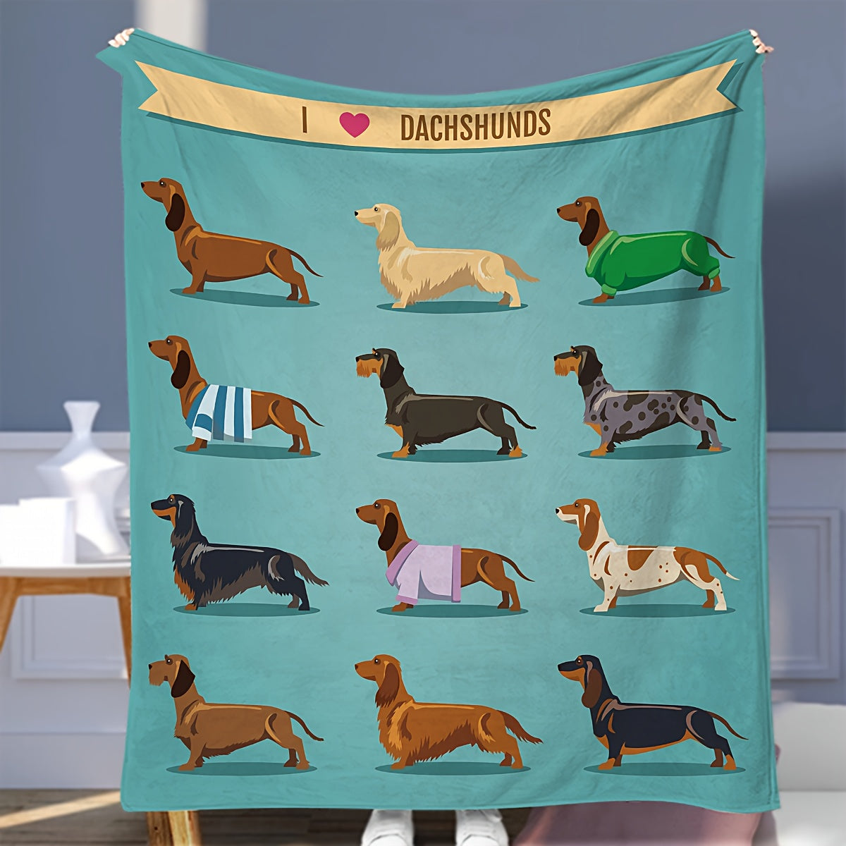 Dachshund Plush Blanket Blue Grey Sausage Fleece Flannel for Dogs and Pets
