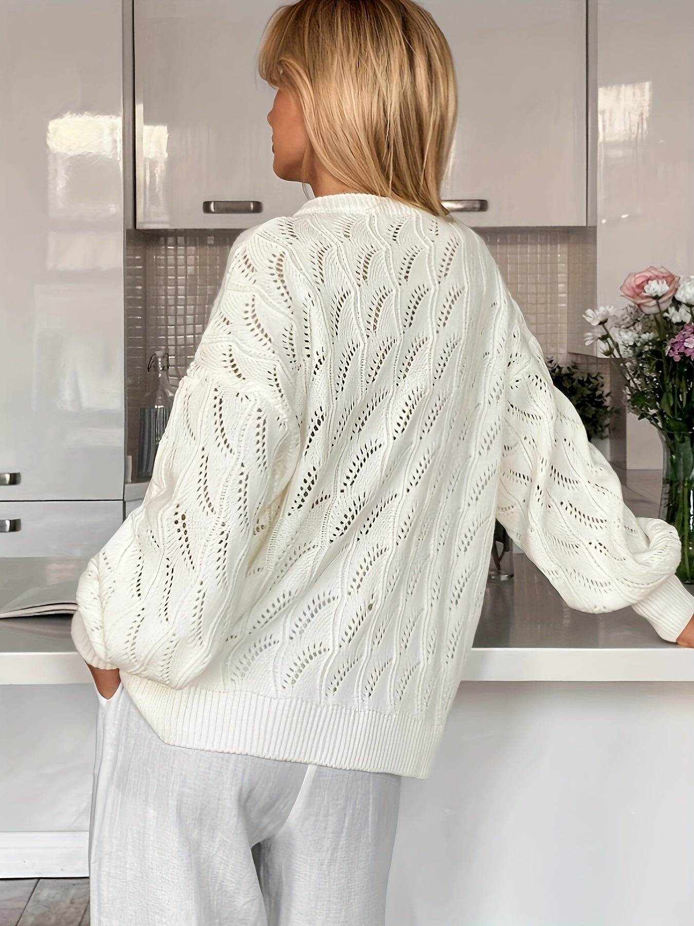 Women's Openwork Knit Cardigan Lightweight Fashion Black Small