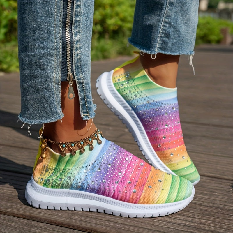 Women's Breathable Slip-On Casual Sneakers with Sparkling Crystal Accents