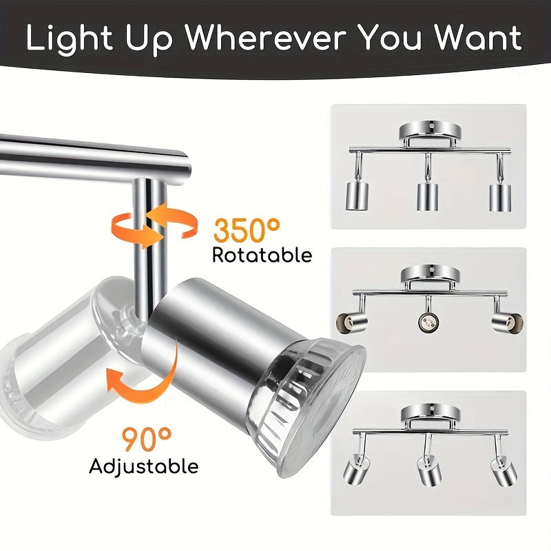 3-Light Chrome Track Lighting with Rotatable Heads GU10 LED Bulbs Indoor Use