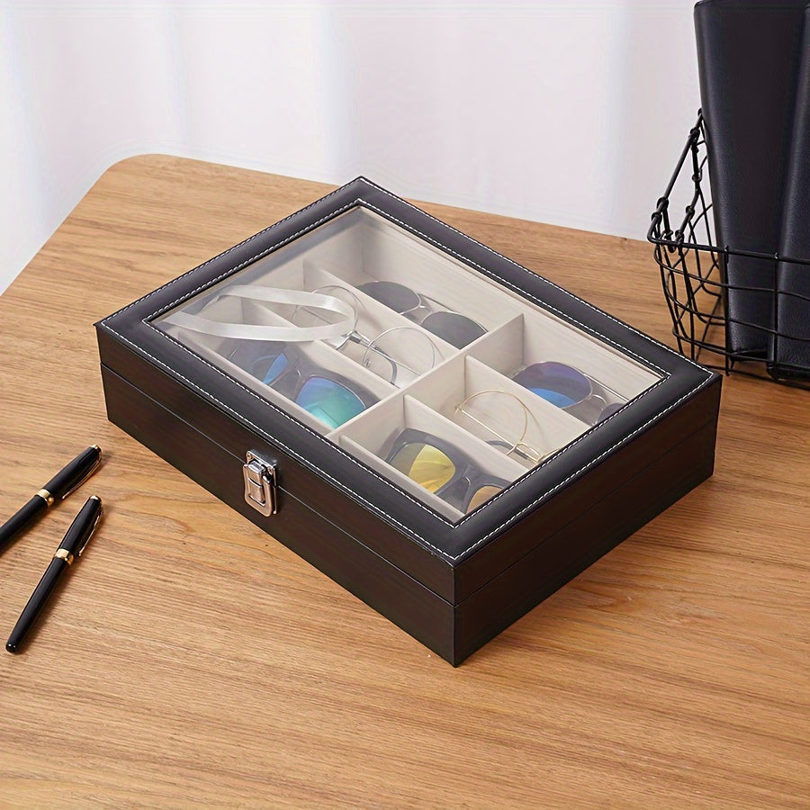 Eyewear Organizer Hard PU Leather Sunglass Storage Case with 8 Slots and Glass Lid