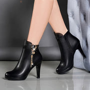 Women's Platform High Heel Boots Leather Stylish Black 8 Inches