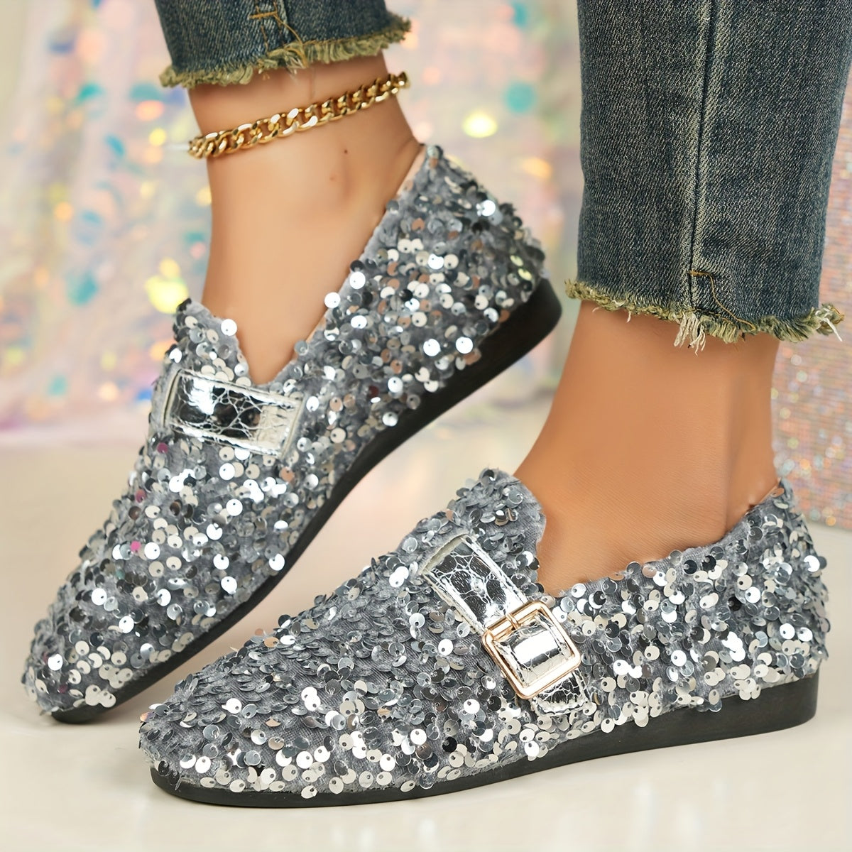 Women's Sequin Embellished Mary Jane Flats Casual Round Toe Slip-On All-Season Comfort