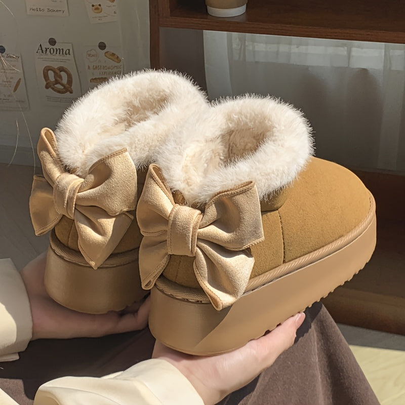 Women's Fleece-Lined Platform Slippers with Bow Indoor Shoes, EVA Sole