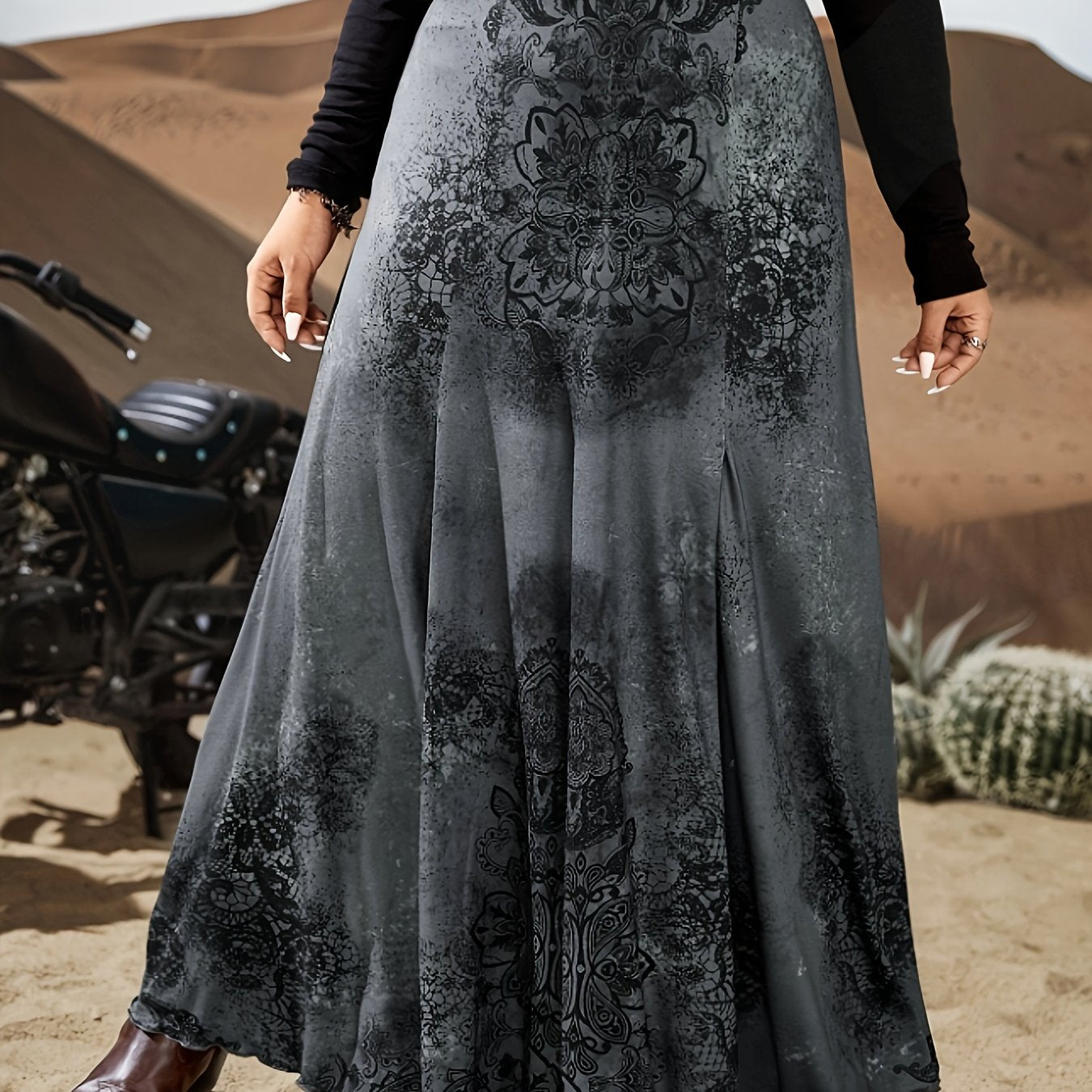 Plus Size Floral Print Flared Skirt Women Lightweight Casual Dressy Midi